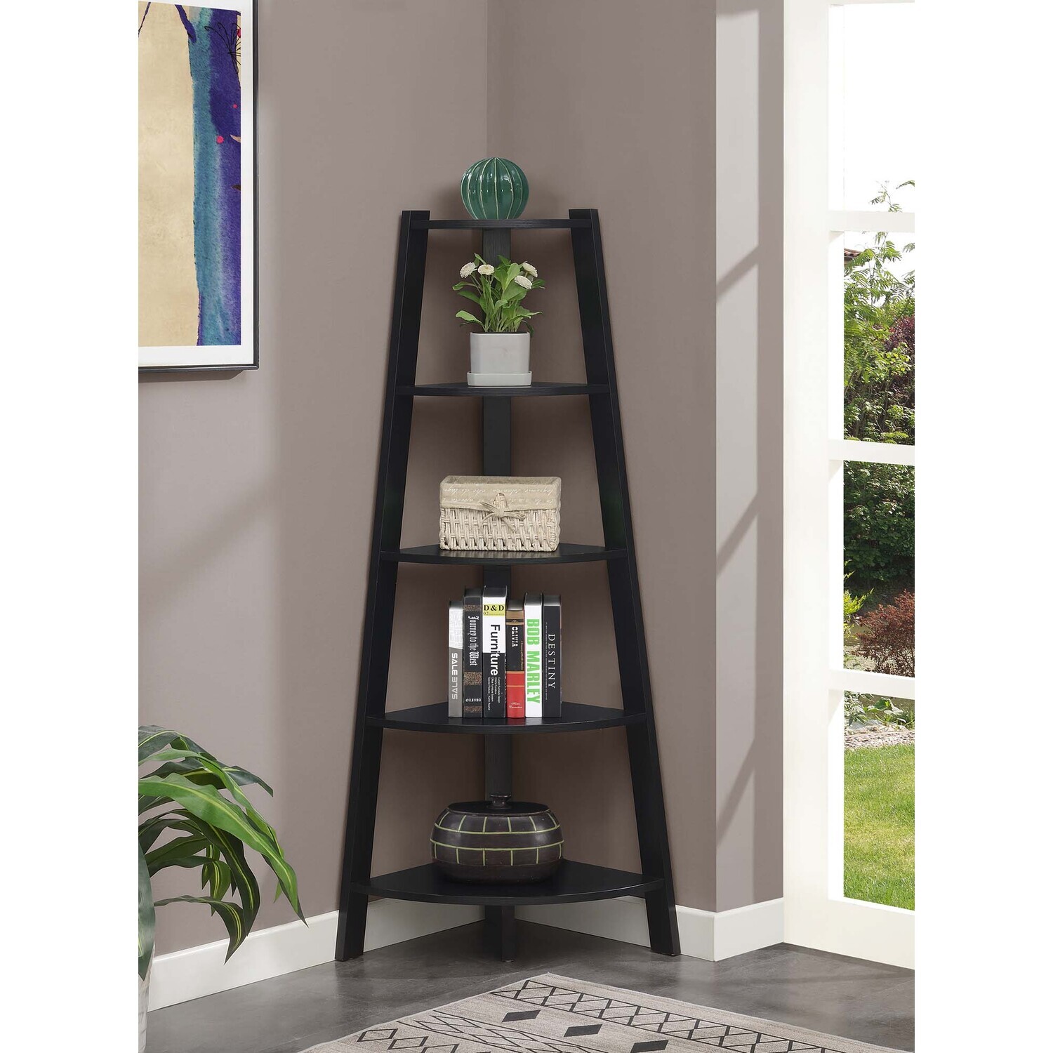 Gothic Glamour 5 Tier Wide Corner Bookcase, Black Finish, Stylish ...