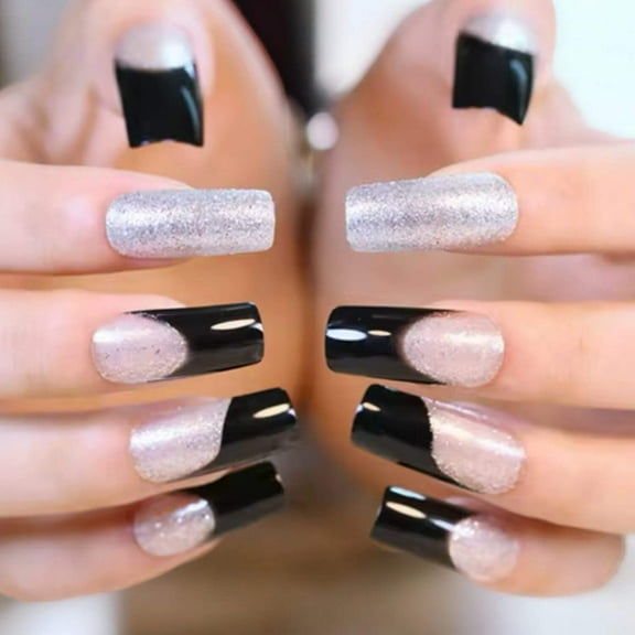 Gothic Glamour, Silver Glitter Black French Press On Nails, Extra Long Square False Nails Set