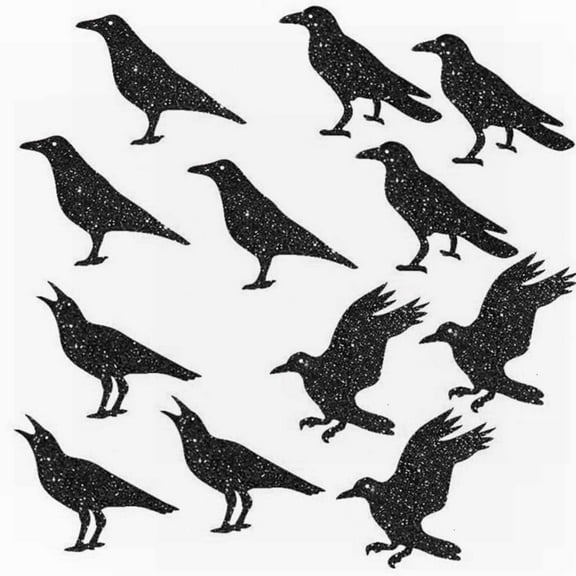 Gothic Glitter Crow & Bird Cage Hanging Decor Set - 12PC Black Halloween Party Decorations with Hanging Thread