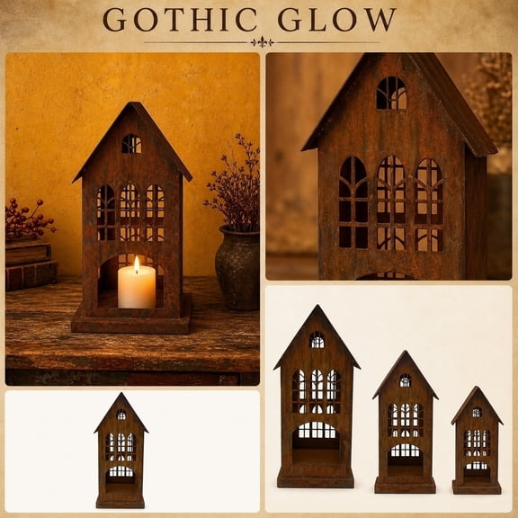 Gothic Glow Metal House Lantern Small 8.5-Inch Vintage Church Style Candle Holder Rusty Iron Decorative Figurine for Tabletop Mantel Home Party Atmosphere