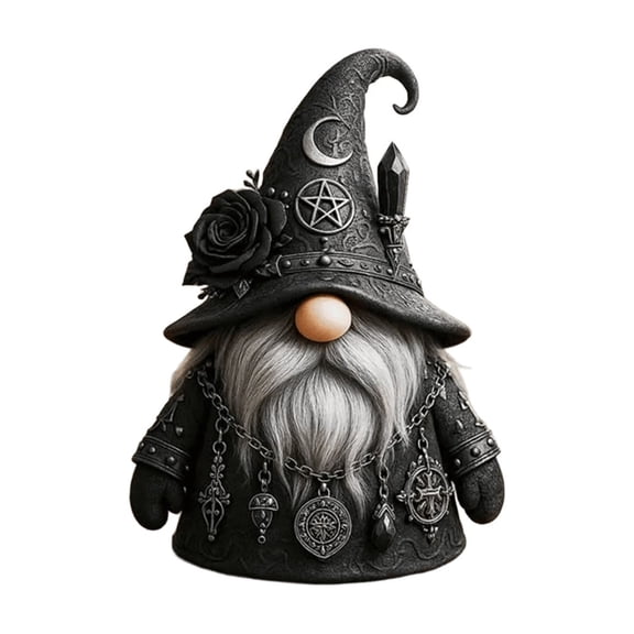 Gothic Gnome Figurine With Crescent Moon Pentagram And Metallic Pendants For Occult-Inspired Shelf Decor