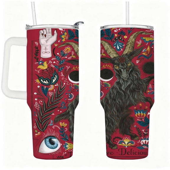 Gothic Goat Art Tumbler with Handle, Stainless Steel Insulated Cup with Straw
