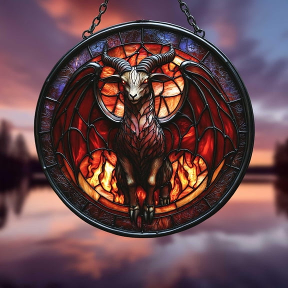 Gothic Goat Dragon Stained Glass - Window Panel, Horns Bat Wings Fire Glow, Dark Fantasy Occult Decor, Unique Gothic Gift, Window Wall Hanging