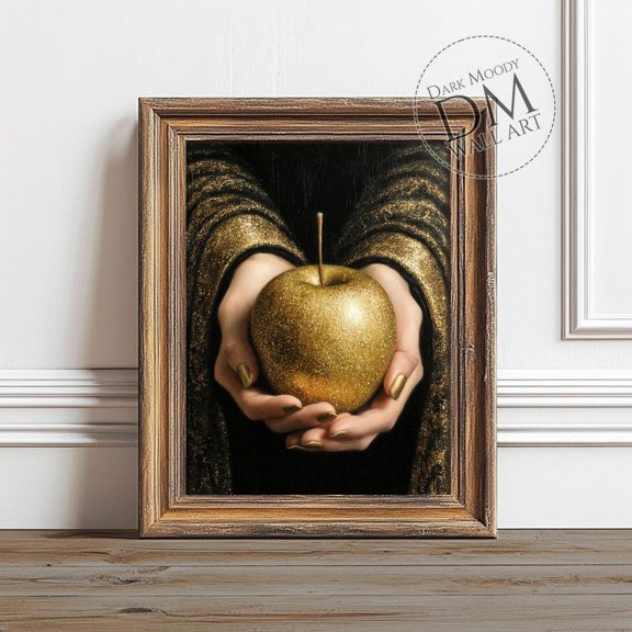 Gothic Gold Apple Wall Art Print, Mysterious Hands Fruit Decor