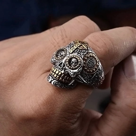 Gothic Gold Color Carving Kapala Skull Ring For Men 14K White Gold Biker Rings Punk Rock Hip Hop Fahsion Jewelry
