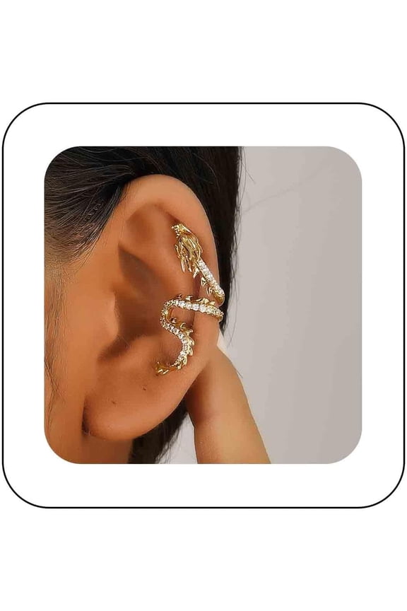 Gothic Gold Dragon Ear Cuff - Crystal Dragon Cuff Crawler Earring - Punk Metal - Cz Rhinestone - Animal Non-Piercing Earring - Women's Jewelry