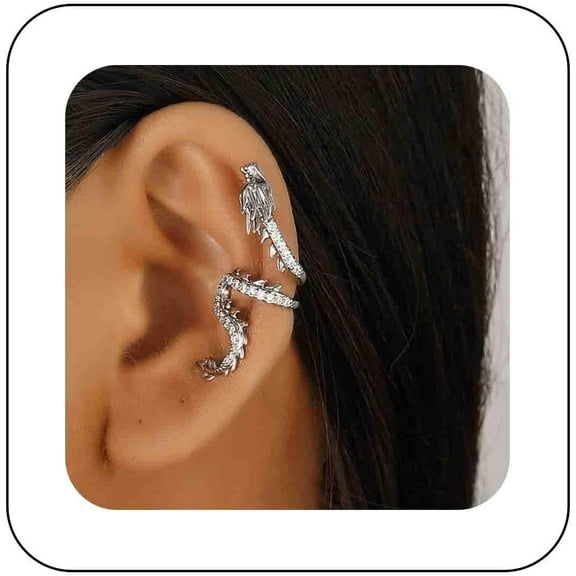 Gothic Gold Dragon Ear Cuff - Crystal Dragon Cuff Crawler Earring - Punk Metal - Cz Rhinestone - Animal Non-Piercing Earring - Women's Jewelry