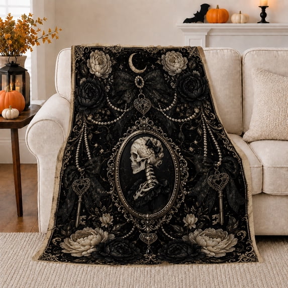 Gothic Gothic Motif Portrait Black, Mystical Celestial Art Scene, Warm Flannel Blanket for Home Library and Reading Nook, Celestial Art Lovers Valentine's Day Gift, Artistic Home Decor