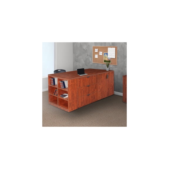 HomeStock Gothic Grace Up Storage and File Cabinet Desk Quad in Cherry with Bookcase End and Lateral File System for Enhanced Workspace Functionality