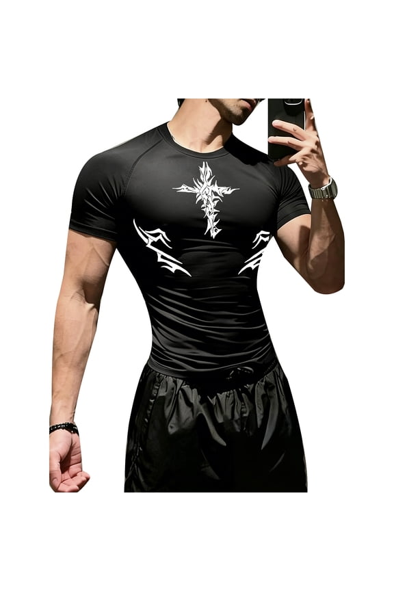 Gothic Graphic Compression Shirt Men's Athletic Compression Shirt Round Neck Short Sleeve Gym Breathable Stretchy Athletic Top