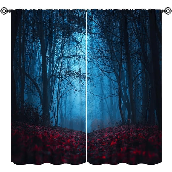 Gothic Graveyard Curtains, Dark Night Autumn Gloomy Blue Foggy Forest Full Moon Castle Black Bats Print Blackout Window Treatments for Living Room Boys Teens Bedroom, 28" W X 40" L