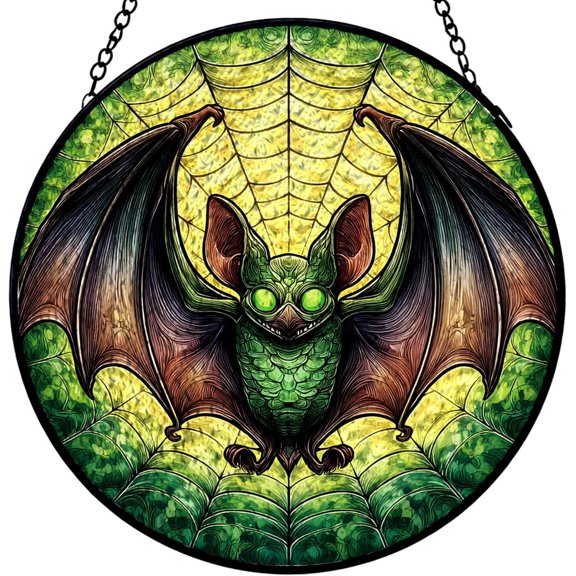 Gothic Green Bat Halloween Stained Glass Window Hanging Round Suncatcher