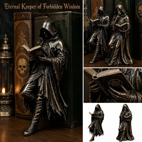 Gothic Grim Reaper Figurine, Dark Academia Decor Small Resin Statue, 4.7 Inch Macabre Scholar with Book, Unique Desktop Ornament for Bookshelf Home Office Gamer Room Halloween Gift Idea