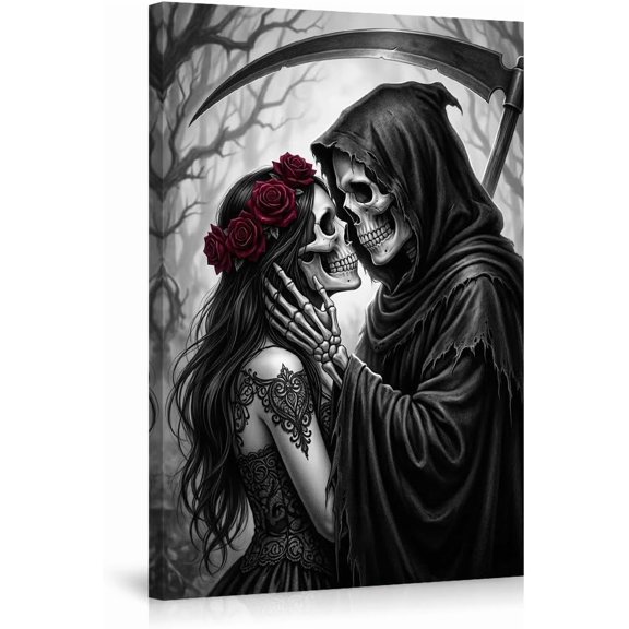 Gothic Grim Reaper Skeleton Lovers Wall Art Dark Romance Red Roses Poster