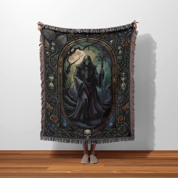 Grm Rappers Gothic Grim Reaper and Skull Woven Throw Blanket, Charcoal and Teal ...