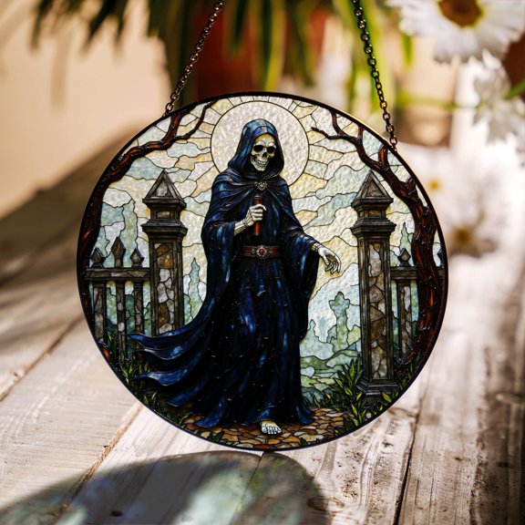 Gothic Grim Reaper stained glass style suncatcher spooky decor Halloween gift for horror lover