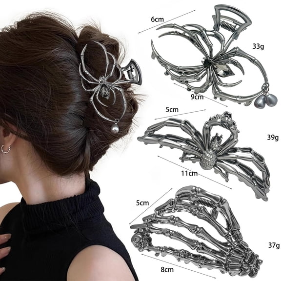 Gothic Hair Clips, Black Spider Skull Hair Accessories, Large Cute Skeleton Hair Pins for Women, Lightweight Comfortable Reusable Alloy Hair Claws for Halloween Style