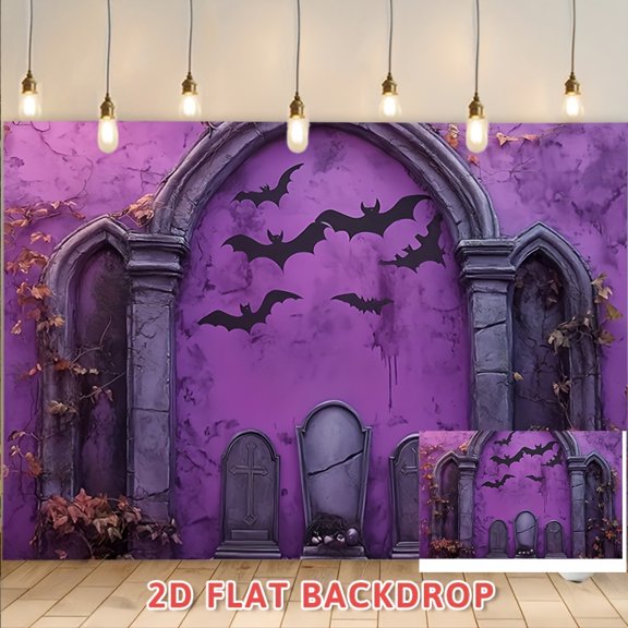 Gothic Halloween Arch Banner with Flying Bat and Tombstone Elements, 2D Flat Polyester Photo Backdrop for Birthday, Wedding, Family Gathering and Various Ceremony Wall Decoration 82.6x59 Inch