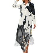YHX66 Gothic Halloween Autumn Crows Pumpkin Casual Dress V Neck Chiffon Dress Long Sleeve