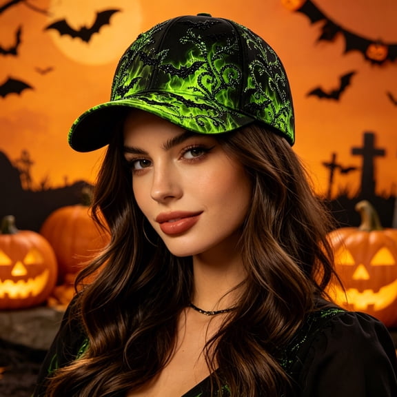 Gothic Halloween Baseball Cap Adjustable Snapback Dad Hat with Spooky Skull Bat Flame Print for Halloween Party Cosplay Costume Accessory