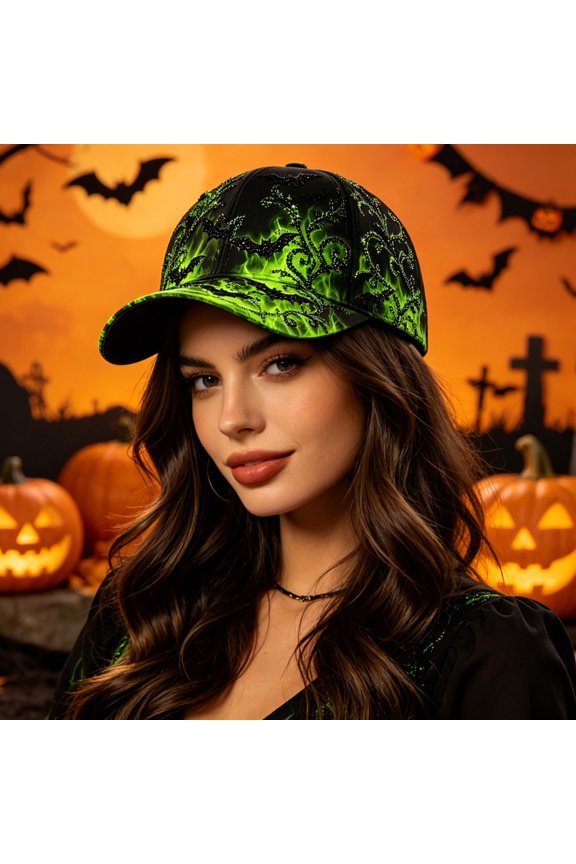 Gothic Halloween Baseball Cap Adjustable Snapback Dad Hat with Spooky Skull Bat Flame Print for Halloween Party Cosplay Costume Accessory