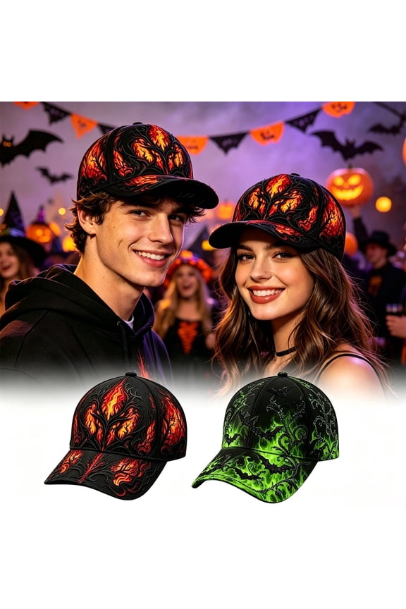 Gothic Halloween Baseball Cap, Neon Green Bat Flame Printed Hat, Unisex Lightweight Outdoor Sun Headwear (Red)