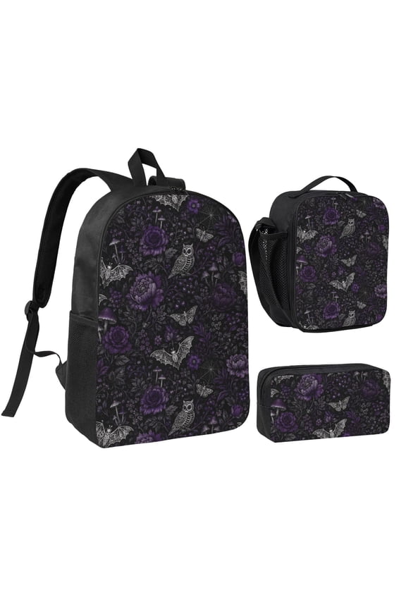 Gothic Halloween Bat Owl Backpack Set 3pc Including Backpack, Lunch Bag and Pen Bag Combination