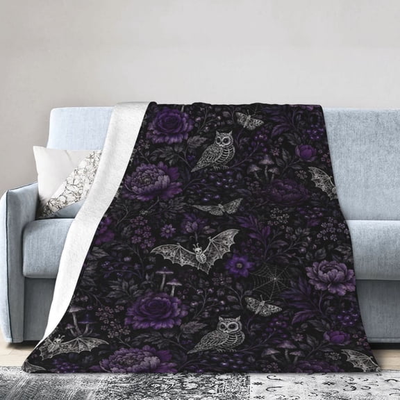 Gothic Halloween Bat Owl Blanket Gift Throw Blanket Purple Floral Moth Mushroom Gift for Women Decor 50x40