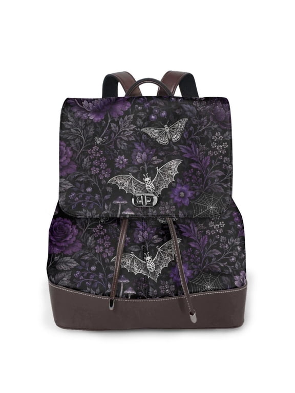 Gothic Halloween Bat Owl Women's Leather Backpack All-Over Print Bag for Work and Travel