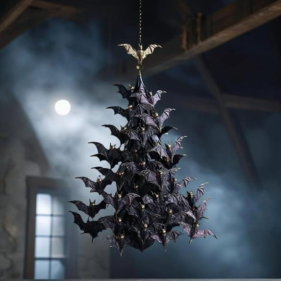 Gothic Halloween Bat Swarm Tree Ornament - 2D Flat Acrylic Hanging Decor for Yard, Porch & Ceiling - Horror Party Decoration, 6" Tall x 3.5" Wide