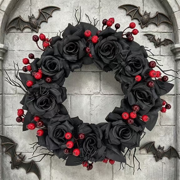 Gothic Halloween Black Rose Wreath With Artificial Spiders & Red Berries, Handmade Twig Front Door Hanging Ornament For Indoor Outdoor Spooky Holiday Scene Decor.13.8 In