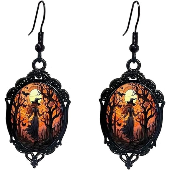 Gothic Halloween Cameo Earrings,Vintage Crystal Glass Witch/Raven/Bat/Tree Dangle Earrings Punk Style Dark Earring Goth Victorian Earring Halloween Jewelry for Women