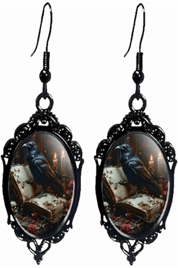 Gothic Halloween Cameo Earrings,Vintage Crystal Glass Witch/Raven/Bat/Tree Dangle Earrings Punk Style Dark Earring Goth Victorian Earring Halloween Jewelry for Women