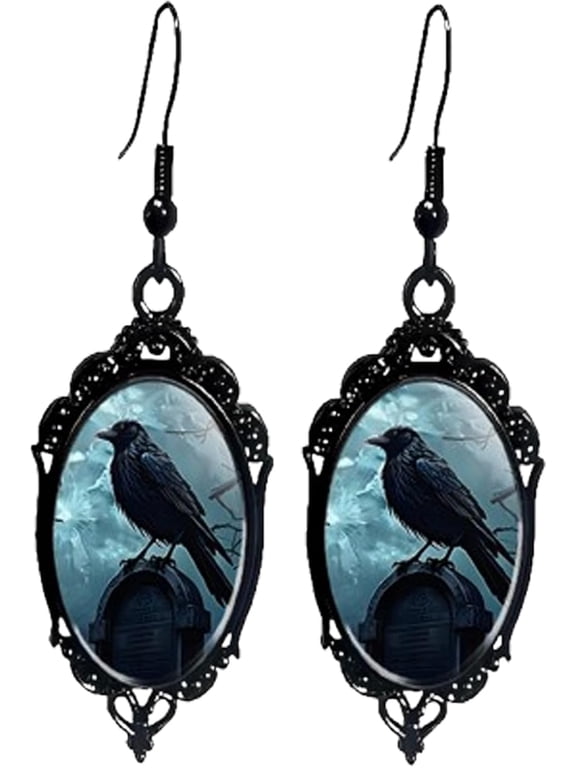 Gothic Halloween Cameo Earrings,Vintage Crystal Glass Witch/Raven/Bat/Tree Dangle Earrings Punk Style Dark Earring Goth Victorian Earring Halloween Jewelry for Women