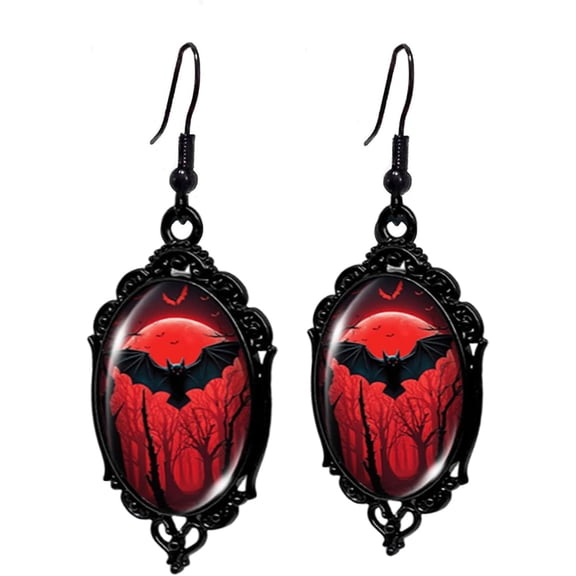 Gothic Halloween Cameo Earrings,Vintage Crystal Glass Witch/Raven/Bat/Tree Dangle Earrings Punk Style Dark Earring Goth Victorian Earring Halloween Jewelry for Women