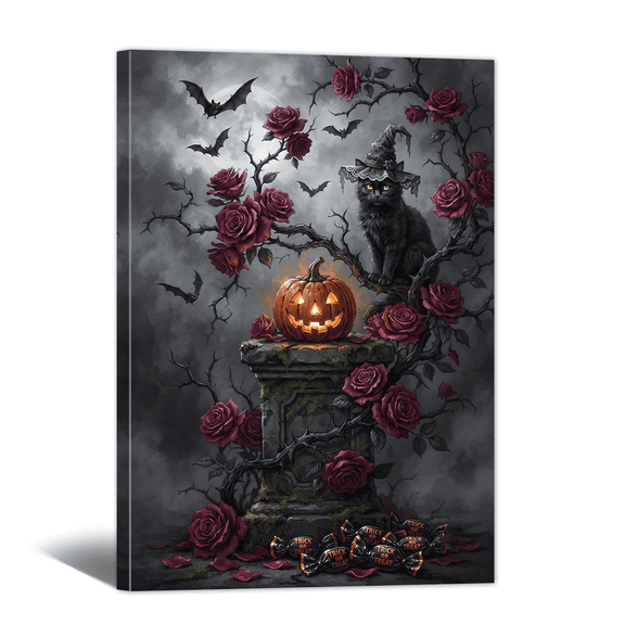 Gothic Halloween Canvas Wall Art Black Cat Pumpkin and Rose Picture Print, Spooky Atmosphere Dark Academia Vintage Painting for Living Room Bedroom Home Office Decor