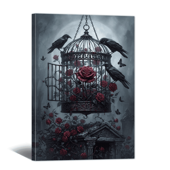 Gothic Halloween Canvas Wall Art with Crow Birdcage and Rose Picture Print, Spooky Atmosphere Dark Academia Vintage Painting for Living Room Bedroom Home Office Decor
