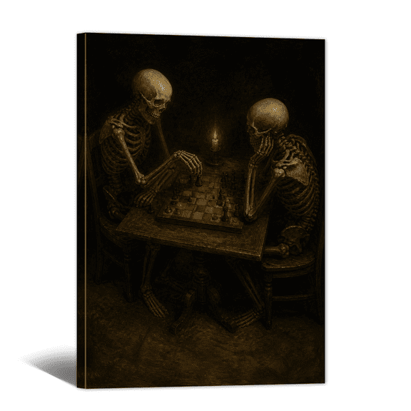 Gothic Halloween Canvas Wall Art Skeleton Chess Eeriness Picture Print, Dark Academia Rustic Paintings Vintage Artwork for Living Room Bedroom Home Bathroom Decor