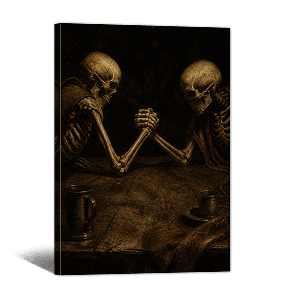 Gothic Halloween Canvas Wall Art Skeleton Wrestling Eeriness Picture Print, Dark Academia Rustic Paintings Vintage Artwork for Living Room Bedroom Home Bathroom Decor