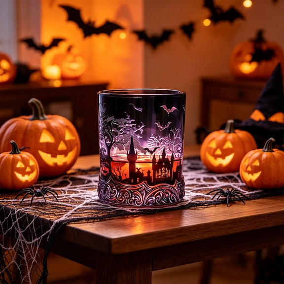 Gothic Halloween Castle Whiskey Glass with Embossed Base, 3.34 Inch Purple Lead Crystal Barware for Spooky Decor, Themed Parties and Escape Room Decoration