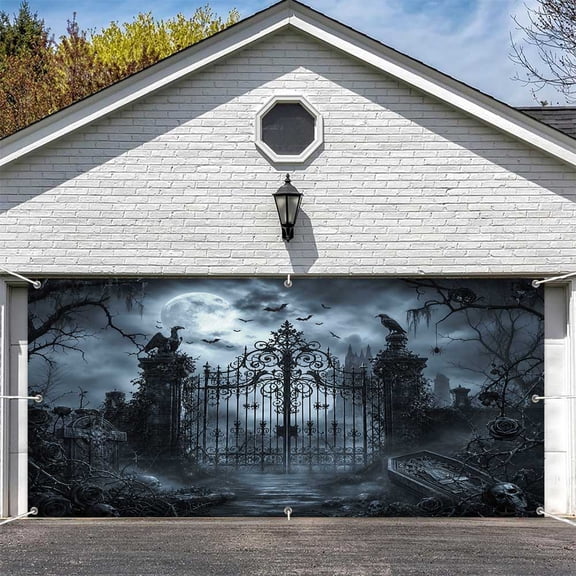 Gothic Halloween Cemetery Garage Door Cover,Spooky Graveyard Gate with Full Moon, Tombstone and Coffin, Horror Themed Banner, for Halloween Cosplay Birthday Party Decor,13x6 FT