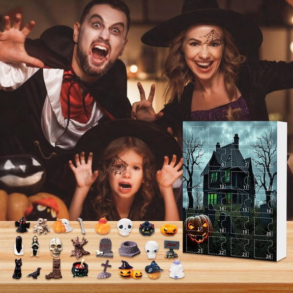 Gothic Halloween Decor, Halloween Countdown Advent Calendar, Halloween Resin Figures, Graveyard Decor Set, 10X7 Inch 24Pc 3D Paper Blind Box with 24 Unique Cute Ghost, Skull,