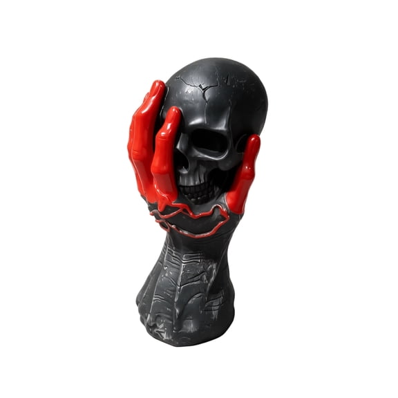 Gothic Halloween Decor Scary Red Hand Holding Black Skull Statue Spooky Indoor Home Party Decoration for Haunted House