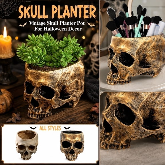 Gothic Halloween Decor, Skull Decor Halloween Planter, Gold Decor Goth Home Decor, Halloween Indoor Decorations, 4.5X4 Inch Hollow Gold Skeleton Head Pot, 1Pc Versatile No-Brain