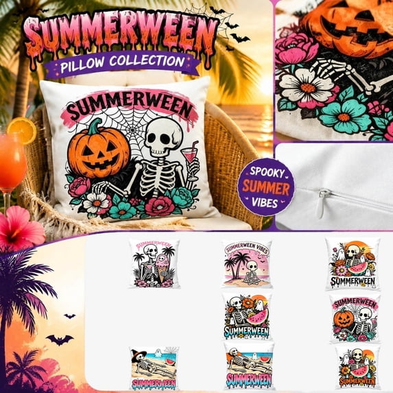 Gothic Halloween Decor, Summerween Decor, Skeleton Pillow, Summer Throw Pillow Covers, Double-Sided Linen 45 X 45Cm Pillow Case with Summerween Skeleton Pumpkin Floral Print, Fits