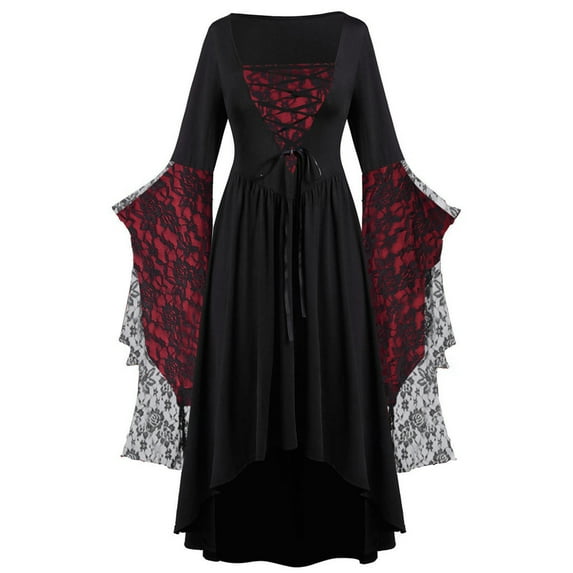 Gothic Halloween Dress for Women Lace Skull Floral Graphic Drawstring Butterfly-Sleeve Vampire Costume Long Sleeve Maxi Witch Dress Plus Size Vintage Spooky Dresses