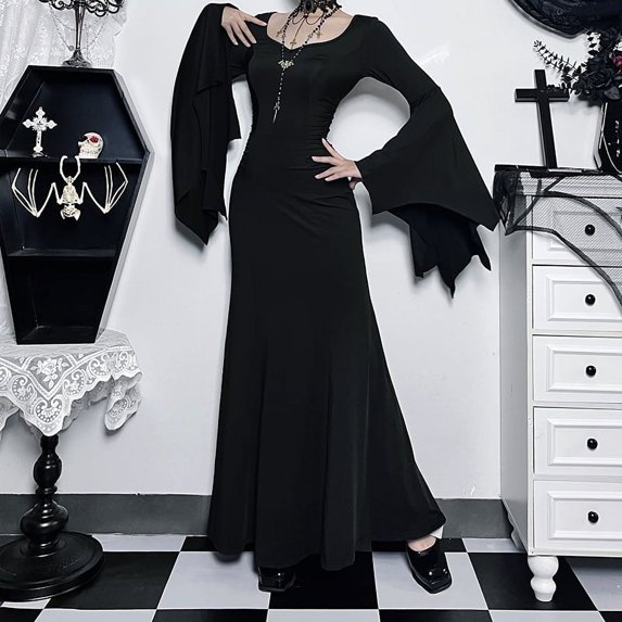 Gothic Halloween Dress Women's Sheath Witch Vintage Batwing Sleeve V Neck Long Mermaid Formal Gown Evening Dresses