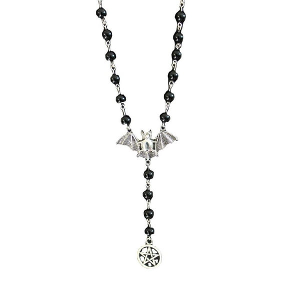 Gothic Halloween Jewelry Rosary Necklace Gothic Silver Bat Pendant Pagan Pendant Necklace for Women Men
