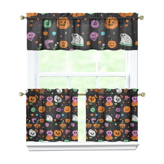 Gothic Halloween Kitchen Curtains Set of 3 - Skeleton Spider Web Print Rod Pocket Short Curtains for Small Windows