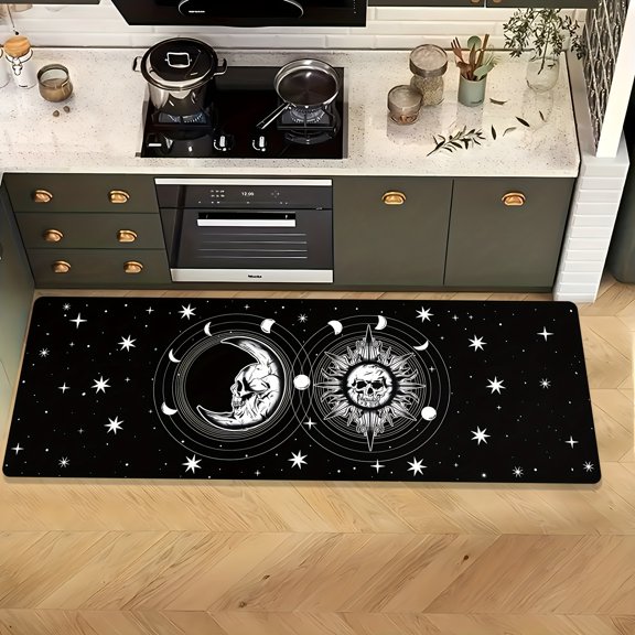 Gothic Halloween Kitchen Mat, Witch Skull Flannel Rug, 0.4inch Thick Ultra-Comfortable, Machine Washable Fade-Resistant, for Living Room Bedroom Home Decor